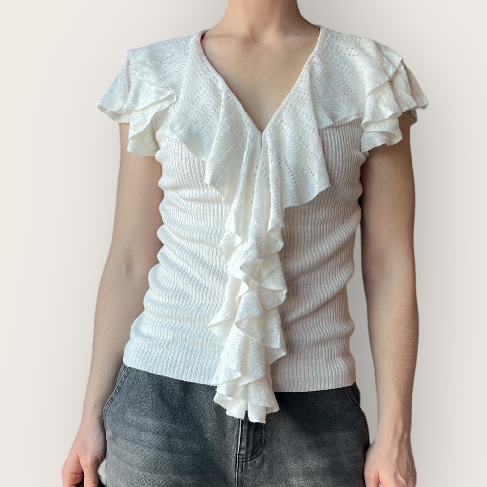 Ralph Lauren Linen White Knit Ruffle Blouse Size L